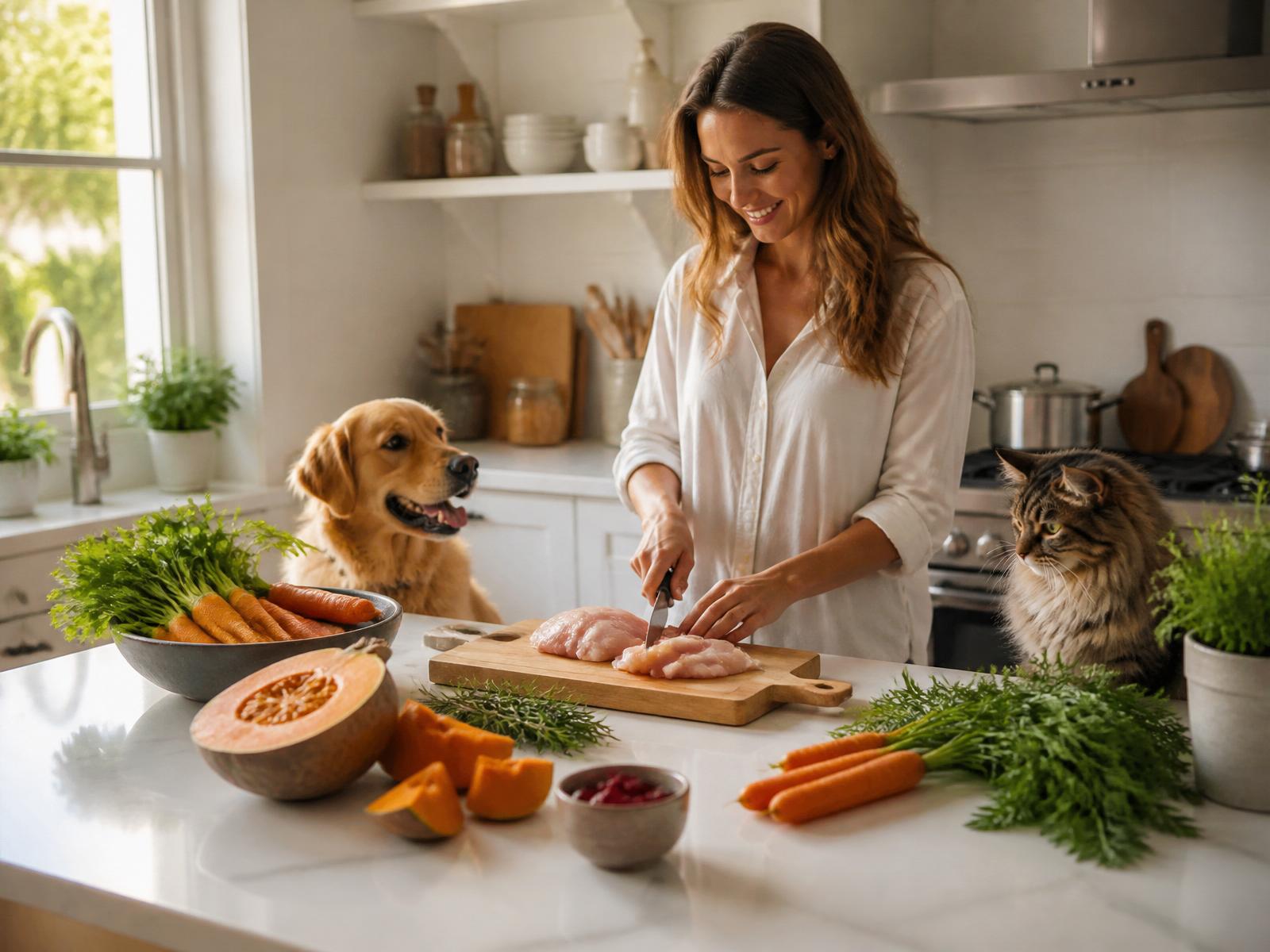 Tutora preparando comida natural para um cachorro Golden Retriever e um gato em casa